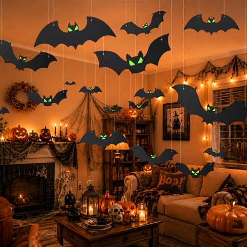 Halloween Bat Decorations Set with Glowing Eyes - 18 Pcs, Indoor Outdoor