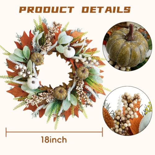 18 Inch Fall Pumpkin Wreath for Front Door - Small Version, Autumn Decor