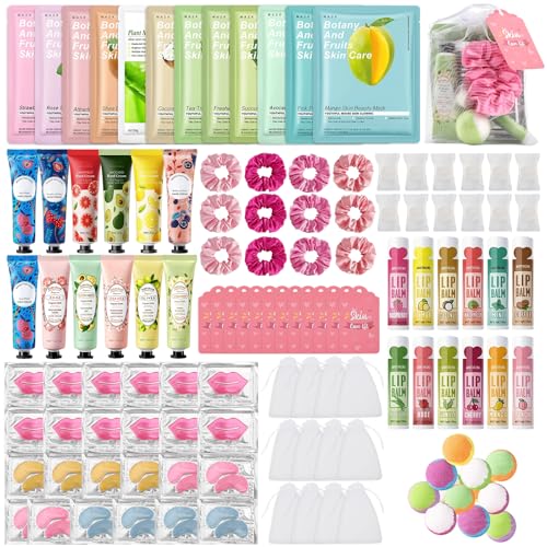 Jutqut 120PCS Spa Party Supplies for Girls, Include Facial Masks, Lip Mask, Under Eye Patches, Lip Balm, Foot Bath Bombs, Hand Cream, Compressed Towel, Hair Band, Sleepover Party Supplies for Girls