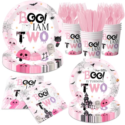 Halloween Pink Ghost Party Supplies Set for Girls' 2nd Birthday - Plates, Napkins, Cups & Cutlery