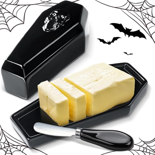 Gothic Skull Coffin Butter Dish with Lid - Flat Variant, Halloween Kitchen Decor
