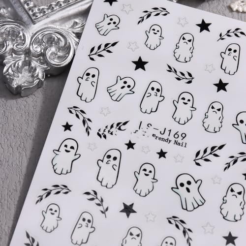 Halloween Nails Stickers with Ghosts & Pink Flowers - Style 26, 6 Sheets