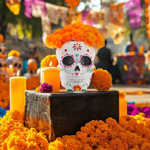 Day of the Dead Sugar Skull Centerpiece with 20 Marigolds - Halloween Home Decor