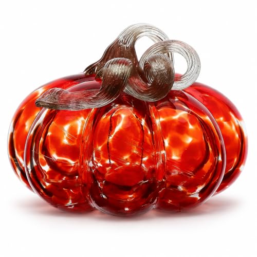 Red Hand Blown Glass Pumpkin Decoration - Fall Harvest Halloween Tabletop Accent