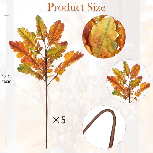 Artificial Fall Oak Leaf Branches - 5 Pcs Autumn Decor Stems in Orange - 18 Inches