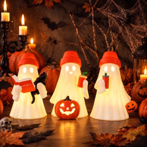 Eaasty 3 Pack Halloween Light Up Ghost Figurines with Orange Hats - Indoor Decor