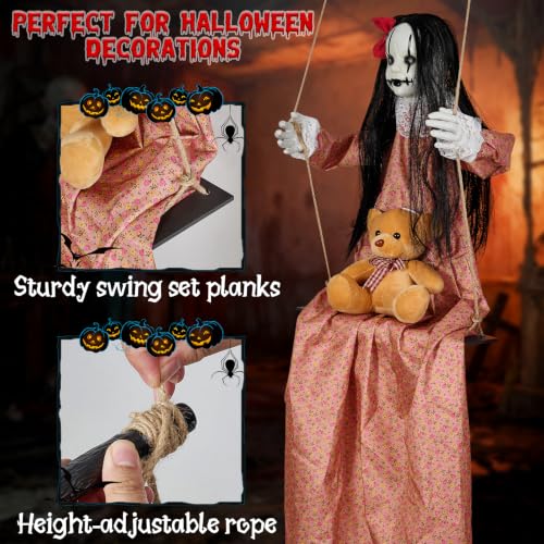 Halloween Hanging Decorations Outdoor - 4.6 FT Orange Swing Girl Doll with Lights & Sounds