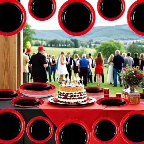 Black and Red Birthday Party Supplies Set for 50 Guests - Includes Plates, Napkins & Cutlery - Variation: 200pcs Black and Red Plates