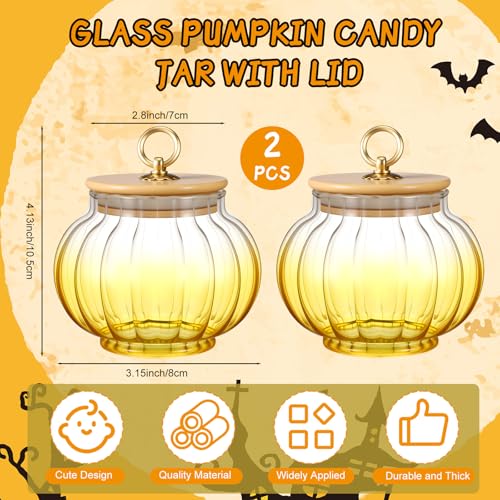 Halloween Pumpkin Glass Candy Jars with Bamboo Lids - 20 oz Set of 2