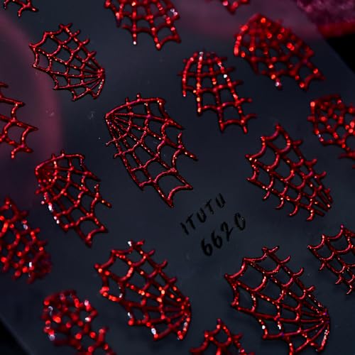 Halloween Red Spider Web Nail Stickers - Holographic 5D Self-Adhesive Decals for Manicure