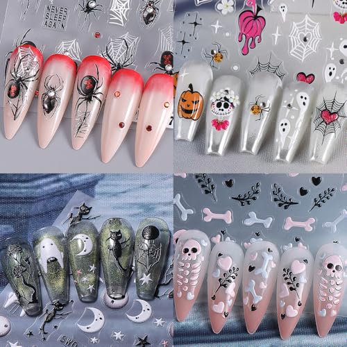Halloween Nail Stickers with Rhinestones - Ghost Variation, Self-Adhesive Skeleton Spider Web 4 Sheets
