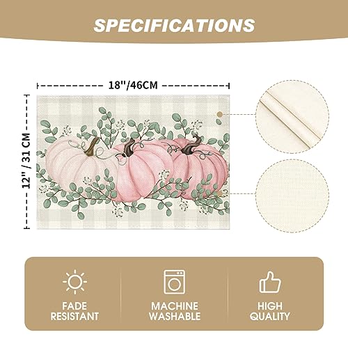 Pink Pumpkin Eucalyptus Fall Placemats Set of 4 - 12 x 18 Inch Rectangular