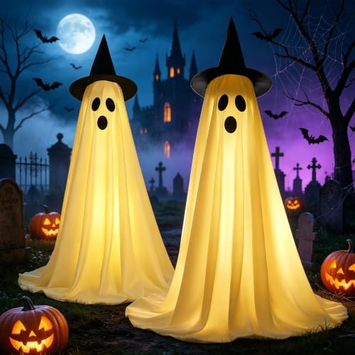 Big Ghost Halloween Light-Up Decorations - 4.76Ft Outdoor Indoor Spooky Decor with Witch Hat