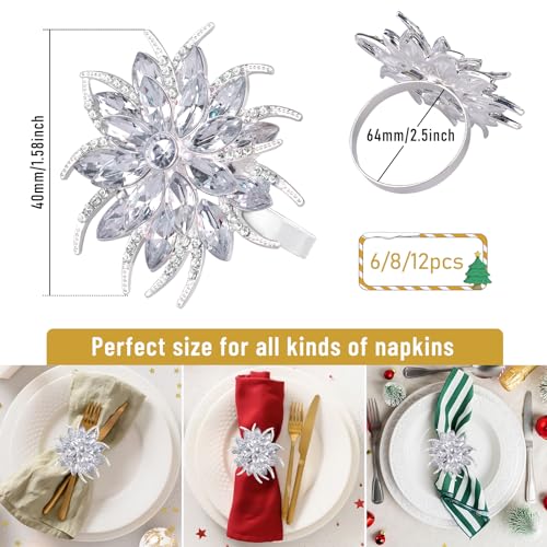 12 Pcs Christmas Lotus Flower Napkin Rings Set - Silver Rhinestone Holiday Table Decor