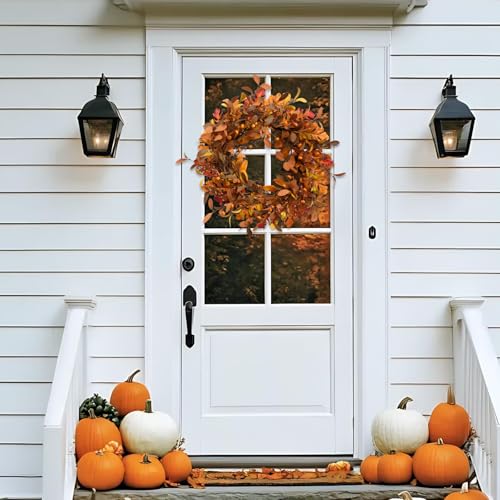 24-Inch Fall Wreath with Orange Pumpkins & Leaves - Handmade Autumn Door Decor
