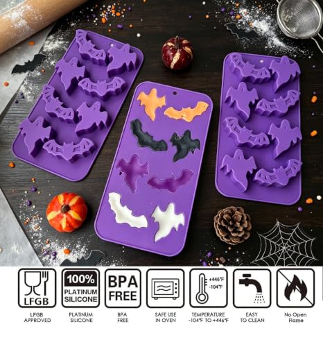 Halloween Ghost & Bat Silicone Mold Set - 3 Pcs Food-Grade Candy & Chocolate Molds with Purple Variation