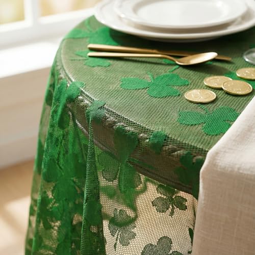 Horaldaily St. Patrick's Day Round Lace Tablecloth 60x60 Inch Green Shamrock