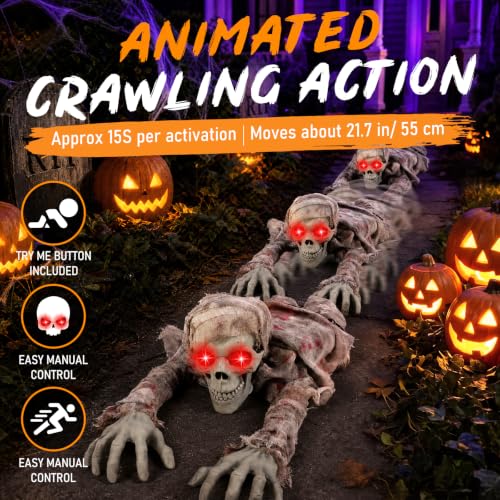 Crawling Zombie Animatronic Halloween Decoration with Light-Up Red Eyes & Sound