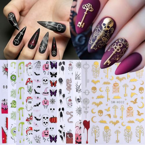 Halloween Nail Stickers Set - Halloween Designs, 12 Sheets, 3D Self-Adhesive Nails Decorations