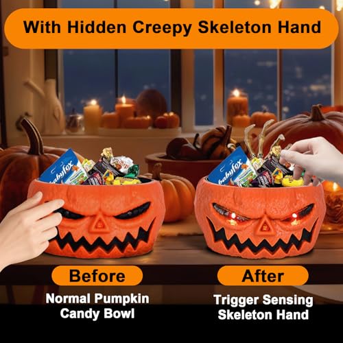 Halloween Pumpkin Candy Bowl with Skeleton Hand Motion-Activated Jump Scare