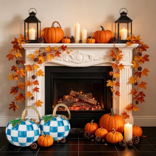 Blue White Checkered Large Decorative Pumpkin for Fall Decor - Variation of THIS listing