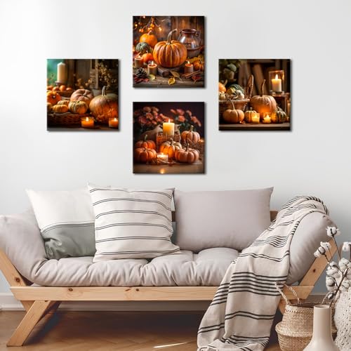 Fall Pumpkin Wall Art Canvas Prints - 12x12in 4-Piece Autumn Decor