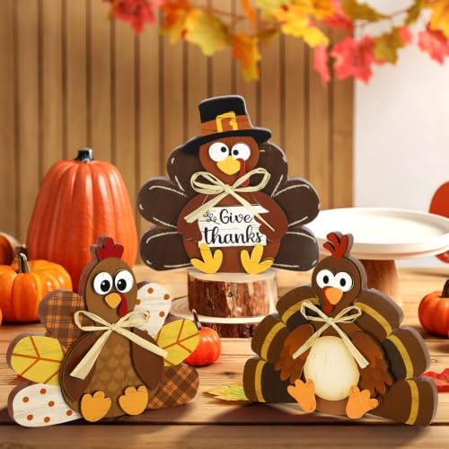 Large Brown Wooden Thanksgiving Turkey Centerpiece Set - Rustic Fall Decor for Home & Tabletop