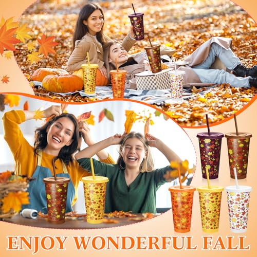 20 Pack Fall Plastic Coffee Cups with Lids & Straws - Thanksgiving & Autumn Theme