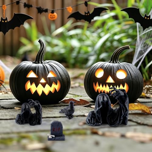 URROMA 4PCS Gothic Halloween Ghost & Crow Ornament Set - Black Tombstone & RIP Decor - Style 4