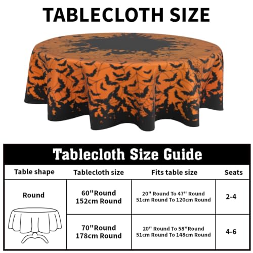 Halloween Bat Round Tablecloth 60 Inch Orange Black Spooky Spatter Design - Washable & Reusable
