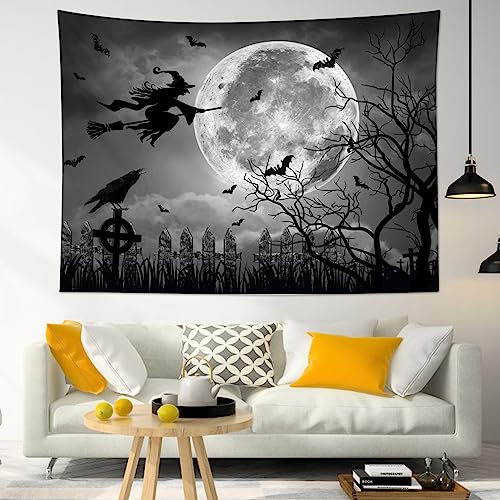 Halloween Moon & Witch Wall Tapestry - Grey Full Moon Night Scene, 40 x 60 Inches