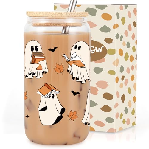 Halloween Ghost Bookish Glass Tumbler - 16oz Spooky Fall Coffee Mug