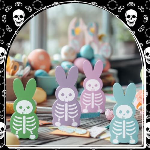 Halloween Skeleton Bunny Wooden Table Decor Set - Spooky Gothic Bunny Signs