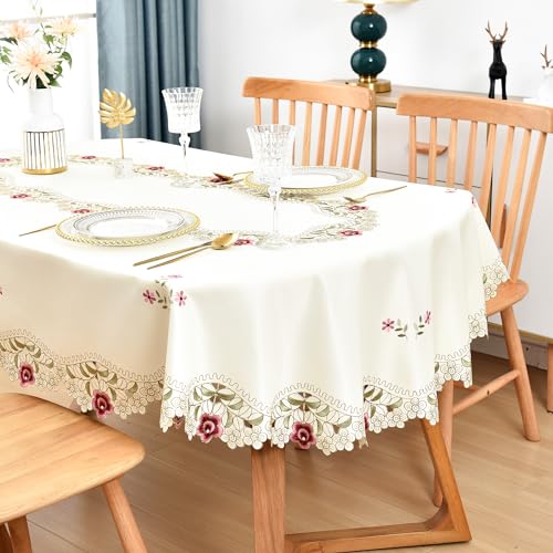 Oval Embroidered Jacquard Floral Tablecloth 60 x 84 Inch - Beige, Sturdy & Elegant Variation of THIS listing