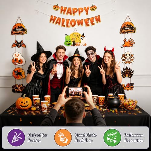 Halloween Banner and Decor Set with Pumpkin, Ghost, Bat & Skull for Indoor Outdoor Party