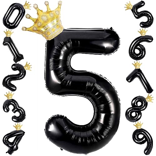 Black 5 40 Inch Foil Number Balloon with Gold Crown for 5th Birthday Anniversary Party Decoration