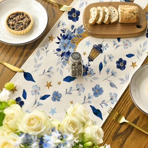 Blue Ramadan Moon Lantern Leaves Floral Table Runner - 13 x 72 Inch Seasonal Kitchen Decor
