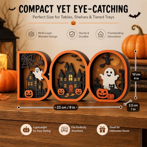 Halloween BOO Sign - 3D Wooden Spooky Decor for Tabletop & Shelf - BOO Decor Variation