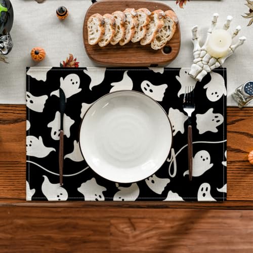 Black Ghost Halloween Placemats Set of 4 - 12 x 18 Inch Rectangular