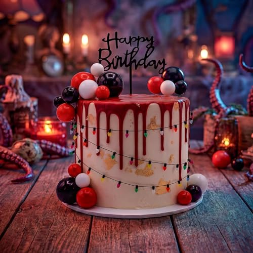 Black and Red Birthday Cake Topper Set with Lights - Horror Theme Party Decorations