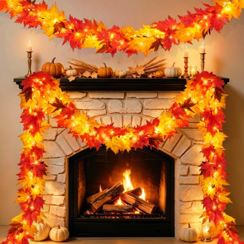 9.1FT Fall Garland with Lights Large Maple Leaves - Connectable Autumn Decor - Variation 1