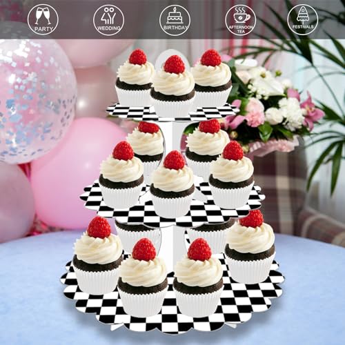 Black White Race Car Cupcake Stand 2-Pack - 3-Tier Dessert Tower for Car Birthday