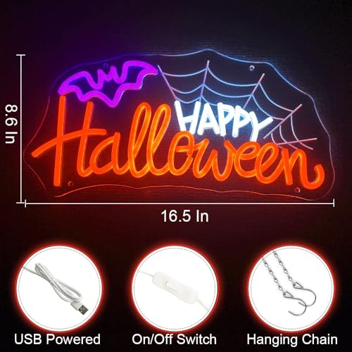 Happy Halloween Neon Sign - USB Powered Dimmable Spider Web Light for Wall Decor - Variation of SD-Happy Halloween