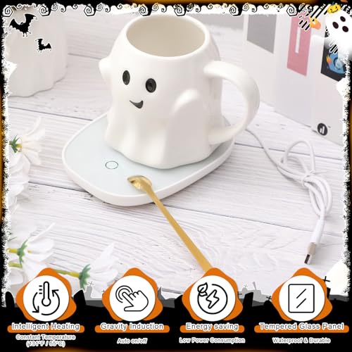 White Ghost Mug with Electric Coffee Warmer Set - 14oz, Halloween Desk Accessory