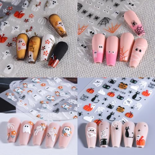 Halloween Nail Stickers 5D Embossed Ghost Pumpkin Spider Web Cats Skull T-40