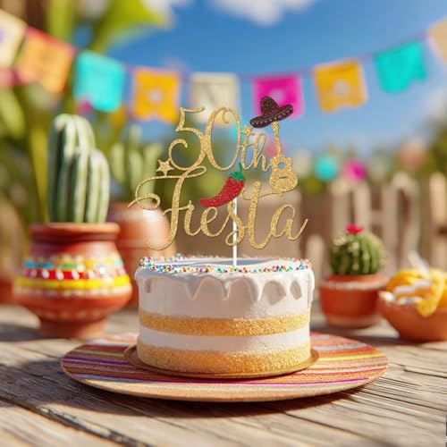 Gold Glitter 50th Fiesta Cake Topper - Mexican Theme Birthday Decor