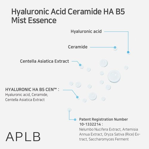 APLB Hyaluronic Acid Ceramide HA B5 Mist Essence | HYALURONIC HA B5 CEN™ 28.7% 3.55 FL.OZ/Korean Skincare, Replenishing moisture, Revitalize for gentle and improve skin texture through Hyaluronic