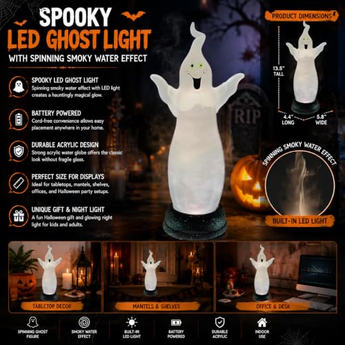 Halloween LED Water Globe with Spinning Ghost and Smoky Water Effect - 13.5 Inch Spooky Night Light