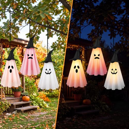 Pink Halloween Ghost Decorations Set - Outdoor Hanging LED Ghosts for Yard & Party