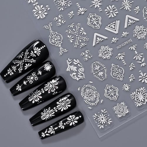 Silver Nail Art Stickers - 12 Sheets 3D Self-Adhesive Manicure Decals Style25